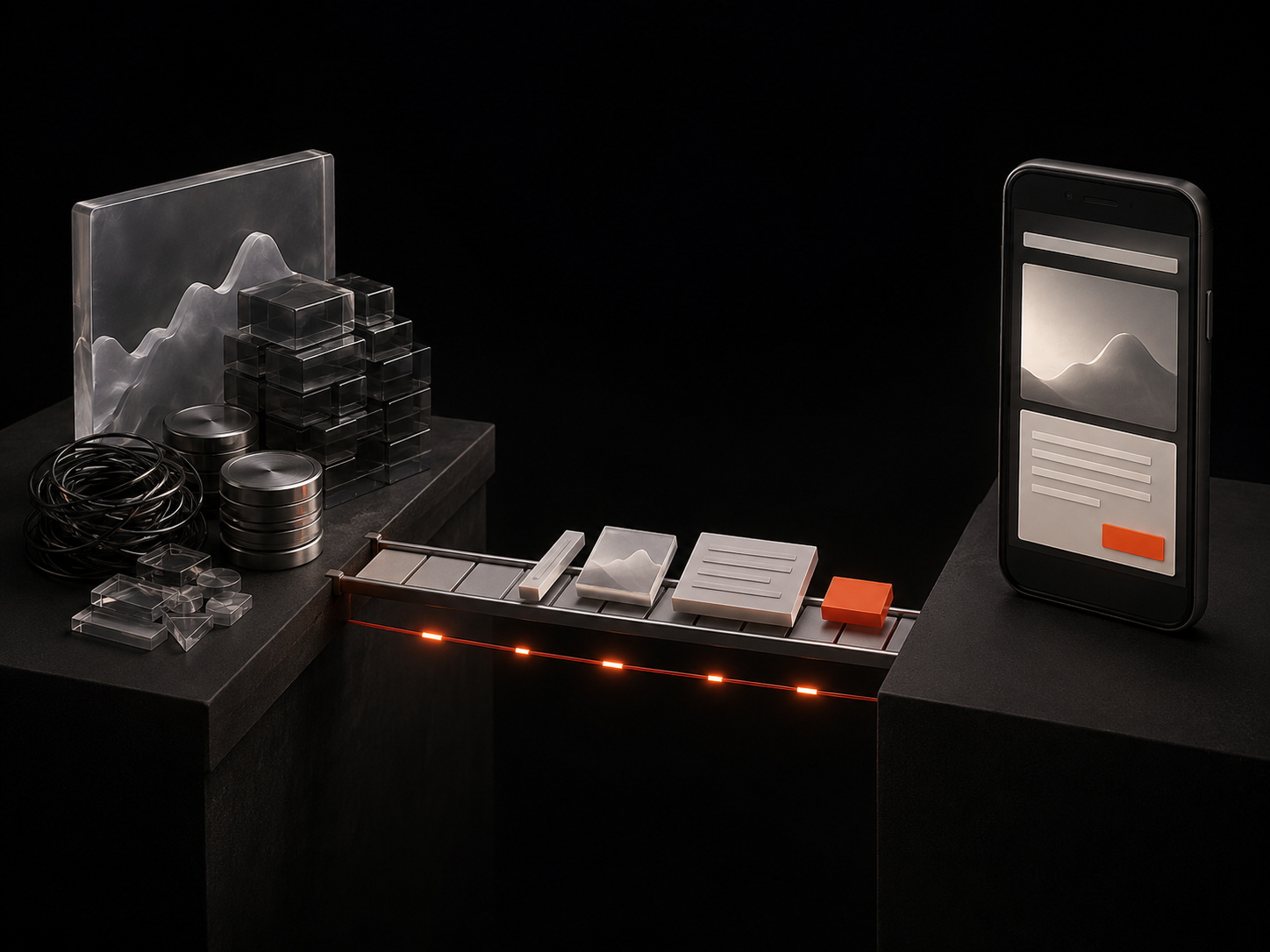 A layered website system connected by a focused orange signal on a dark background